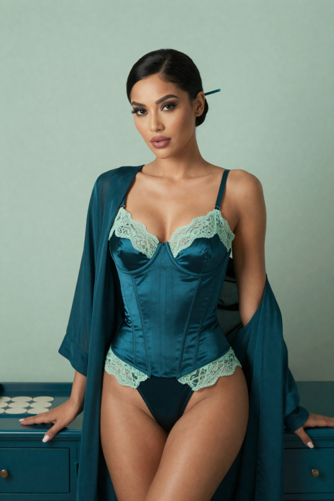 ChuhaiApp muse in a teal satin corset at the icon desk, 28